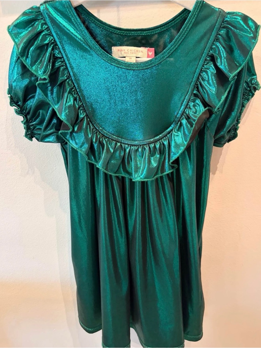 Pink Chicken Metallic Emerald Green Ruffle Sleeve Dress Top- 3T